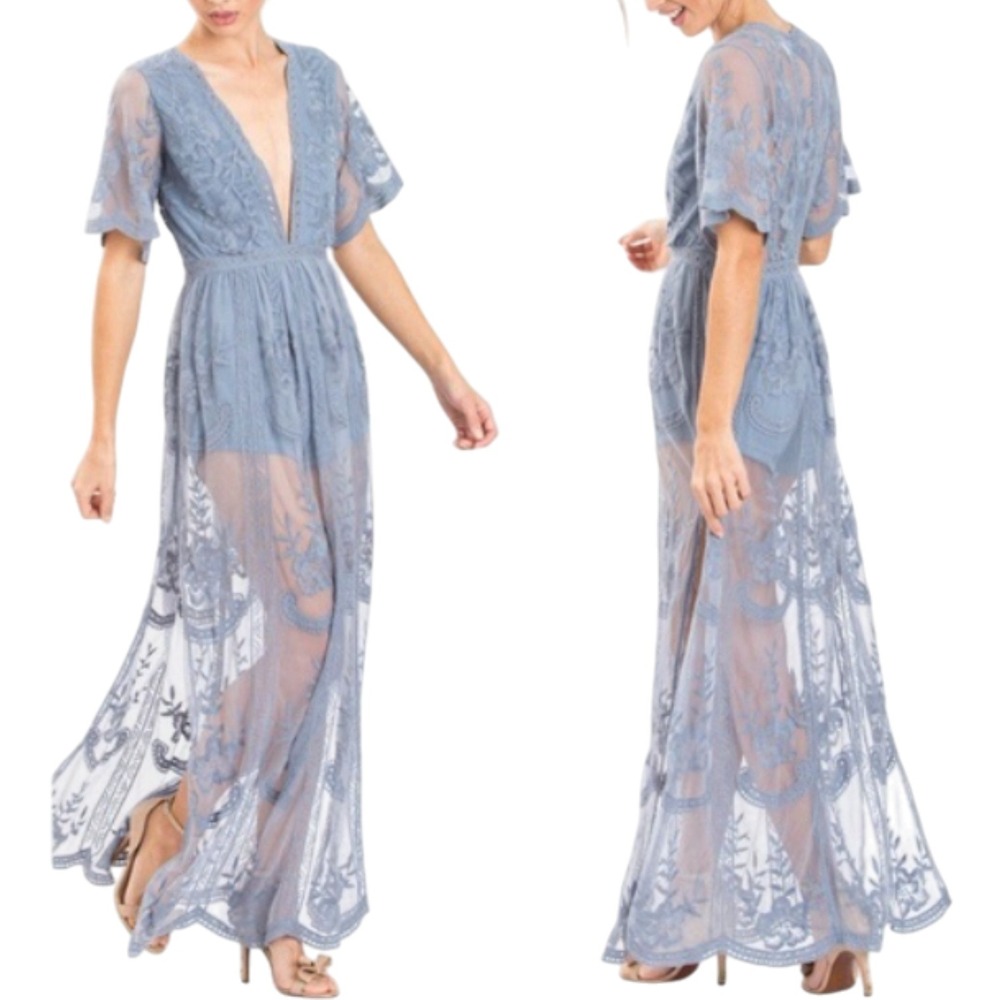 Honey Punch Mila Dusty Blue Lace Romper Maxi Dress | Size Medium - Picture 3 of 15
